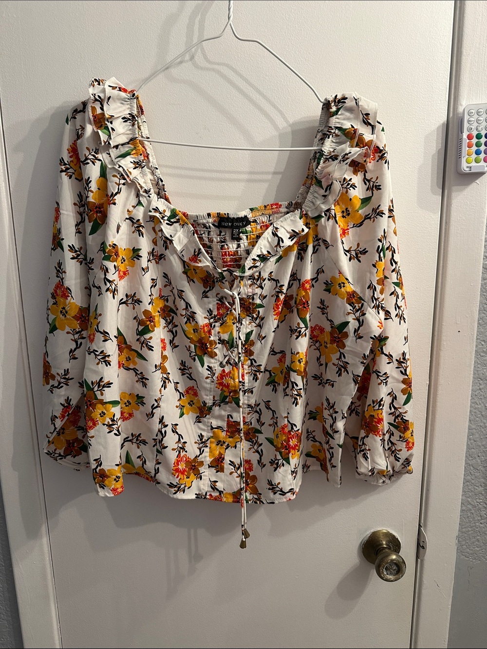 New Glory White Floral Ruffle Tie-Front Blouse